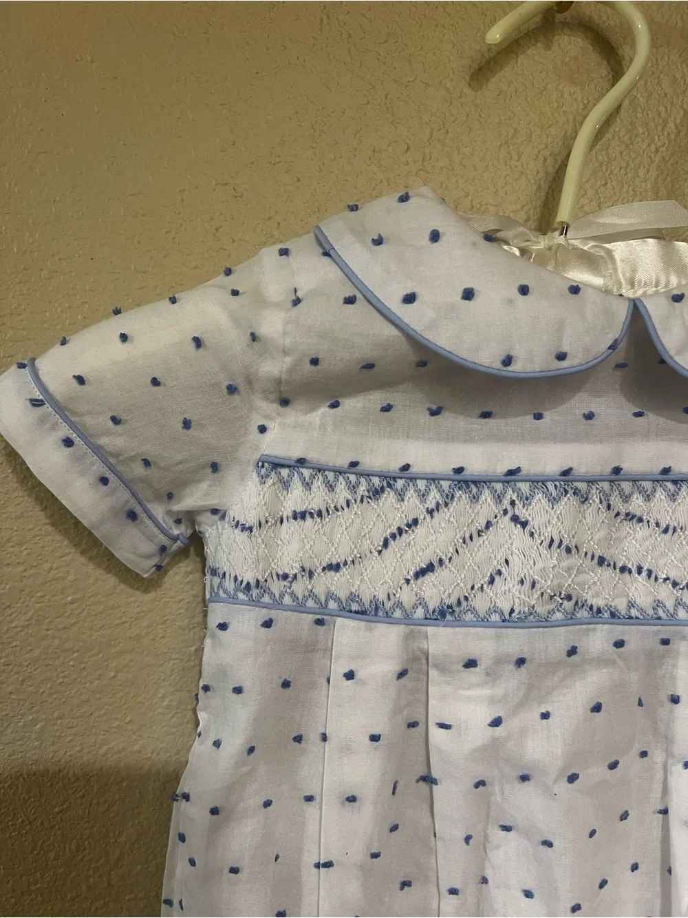 Smocked Flamingo | Blue and White Polka Dot Bubble with Peter Pan Collar